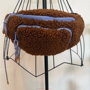 Anthropologie Annie Belt Bag Brown Sherpa Fleece Belt Bag with Blue Zipper